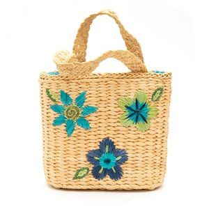 Small straw handbag purse blue flowers